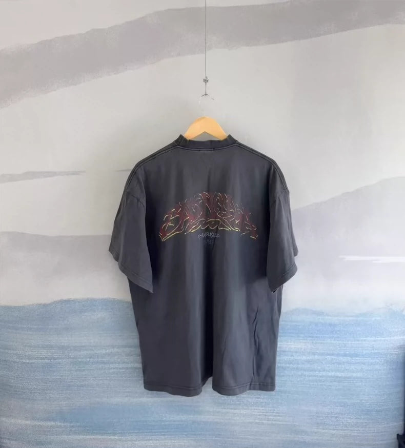 Balenciaga Black Flamed Letter Short Sleeve T-shirt