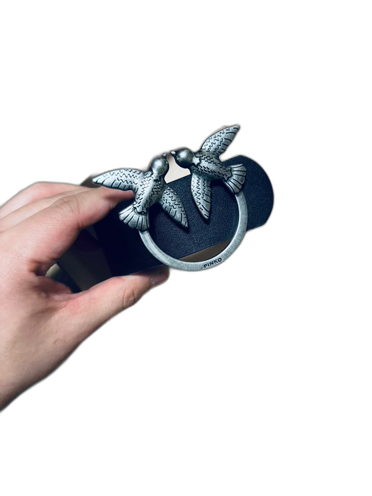 PINKO Black Leather Belt with Bird Buckle