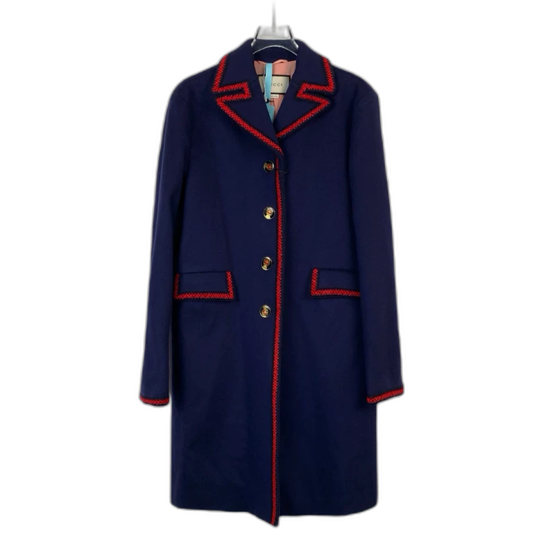 Gucci Navy Wool Coat with Red Trim