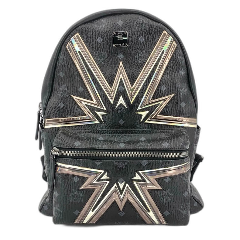 MCM Logo Print Leather Backpack Black