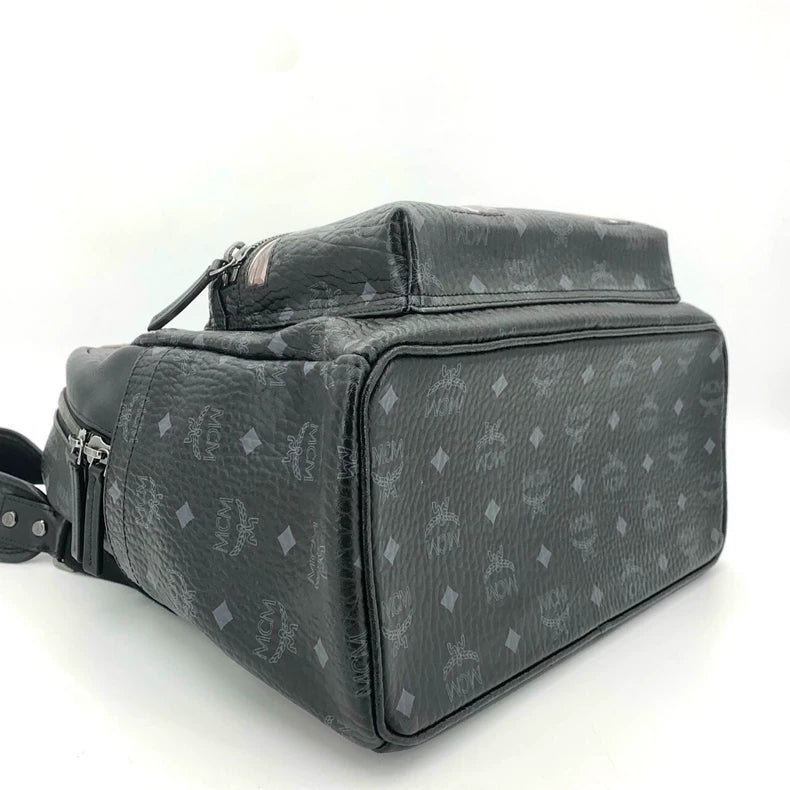 MCM Logo Print Leather Backpack Black