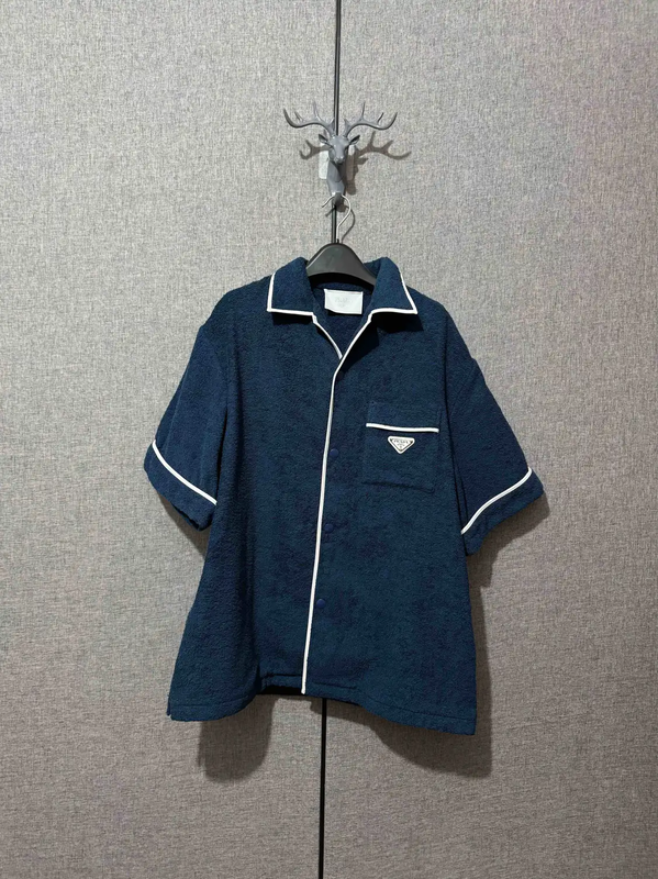 Prada Blue Cotton Embroidered Logo Shirt