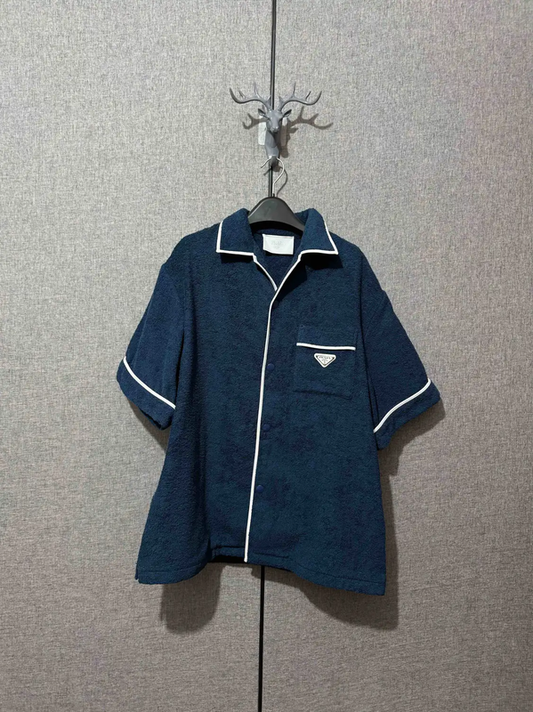 Prada Blue Cotton Embroidered Logo Shirt