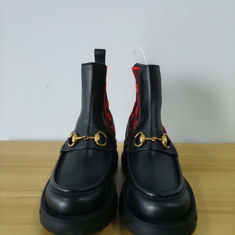 Gucci Leather GG Knit Ankle Boots in Red and Black 0079