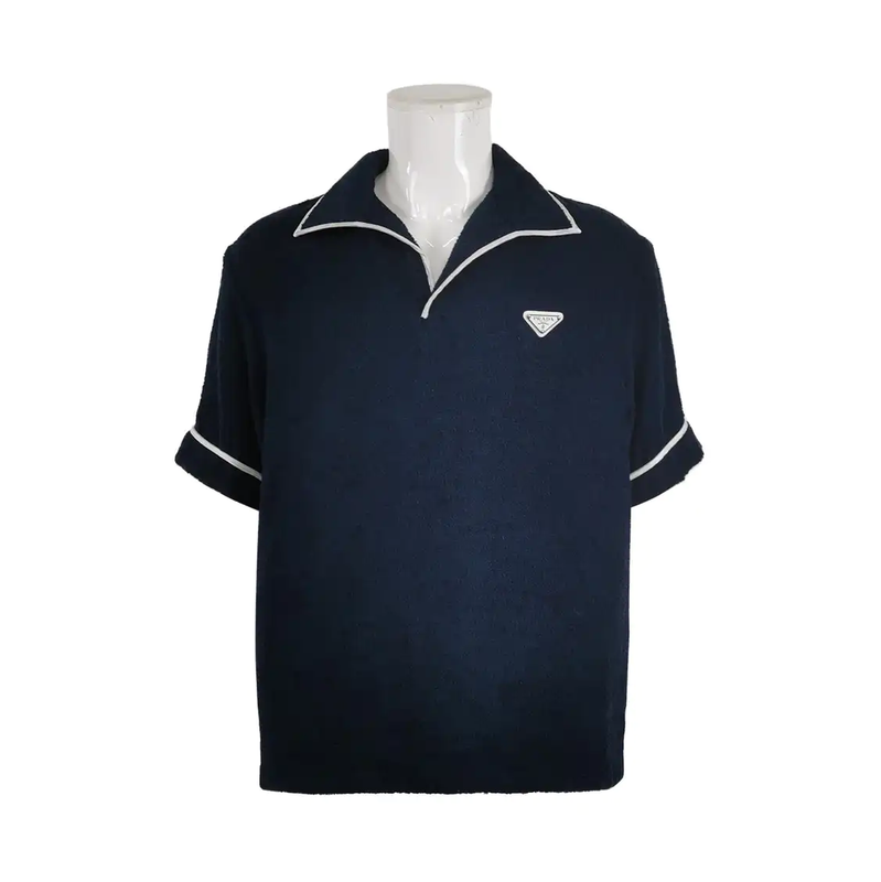 Prada Men's Blue Cotton Logo Embroidered Tee