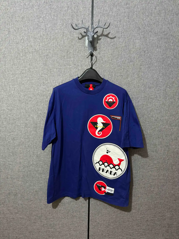 Prada Embroidered Logo Blue Cotton Men's T-Shirt