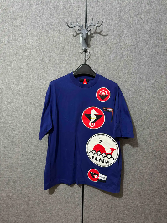 Prada Embroidered Logo Blue Cotton Men's T-Shirt