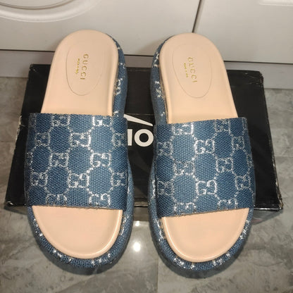 Gucci Blue and Brown Platform Slides 0079