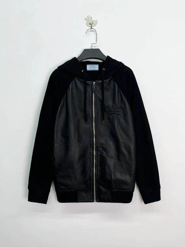 Prada Black Leather Hoodie Jacket