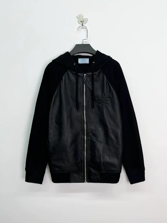 Prada Black Leather Hoodie Jacket