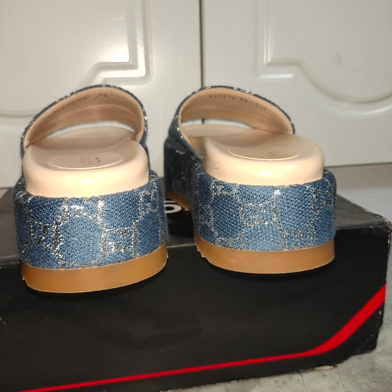 Gucci Blue and Brown Platform Slides 0079