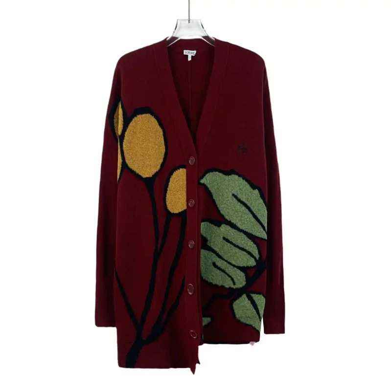 Loewe Red Wool Cardigan with Floral Design 0089