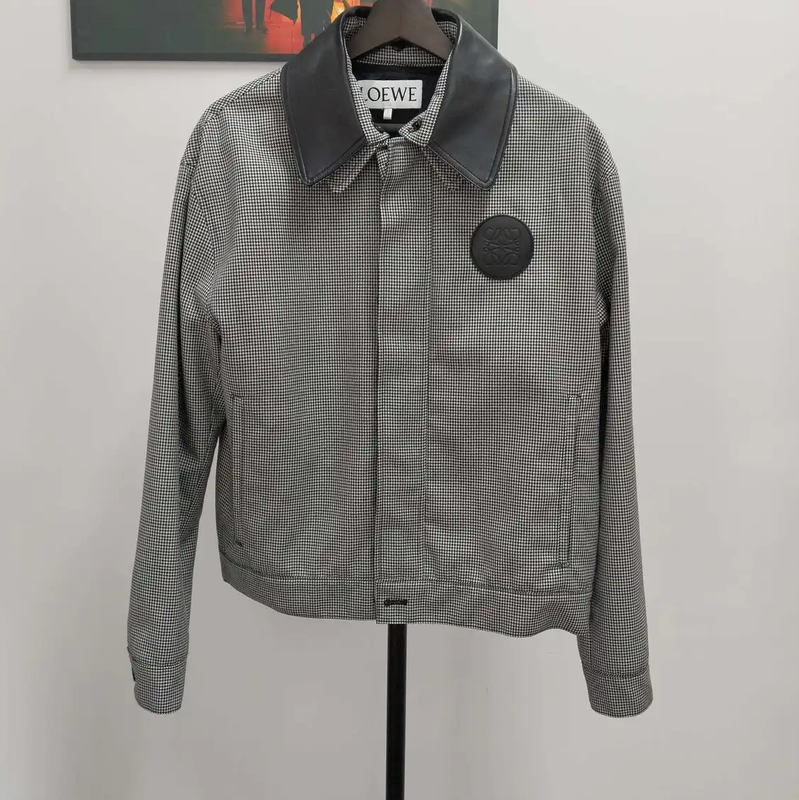 Loewe Men's Gray Houndstooth Jacket with Leather Collar 0089
