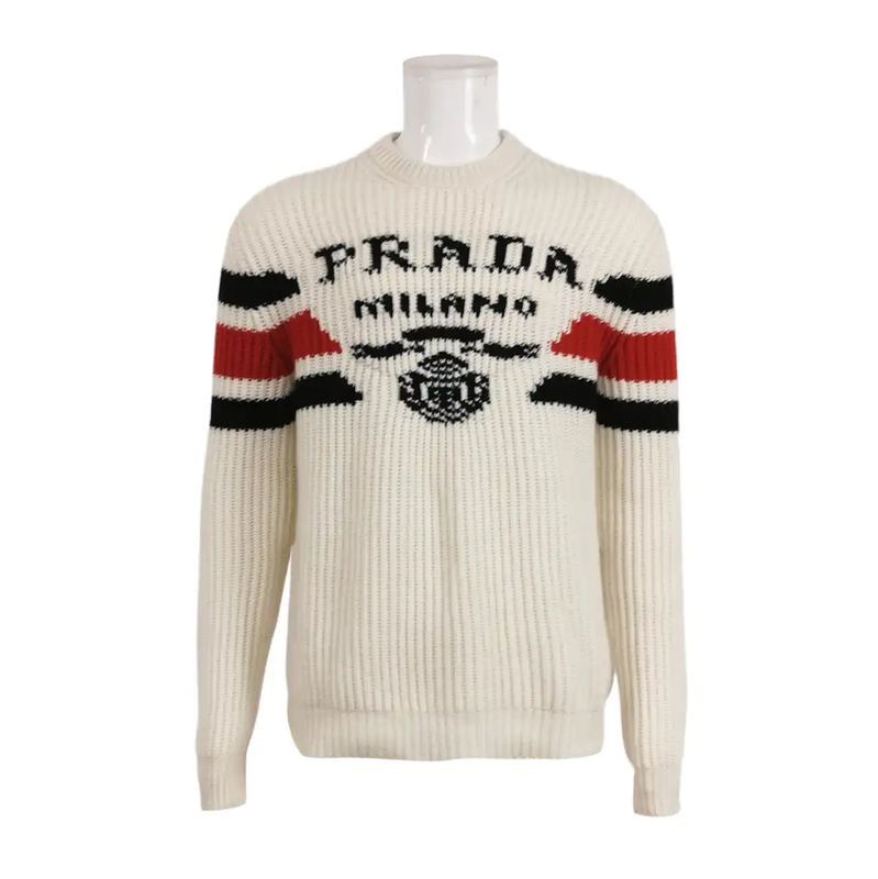 Prada Embroidered Logo Beige Wool Sweater