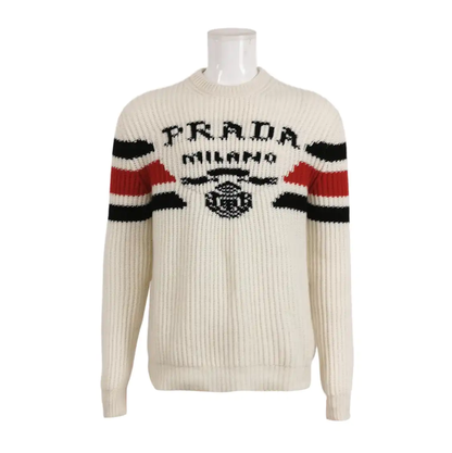 Prada Embroidered Logo Beige Wool Sweater