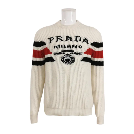 Prada Embroidered Logo Beige Wool Sweater