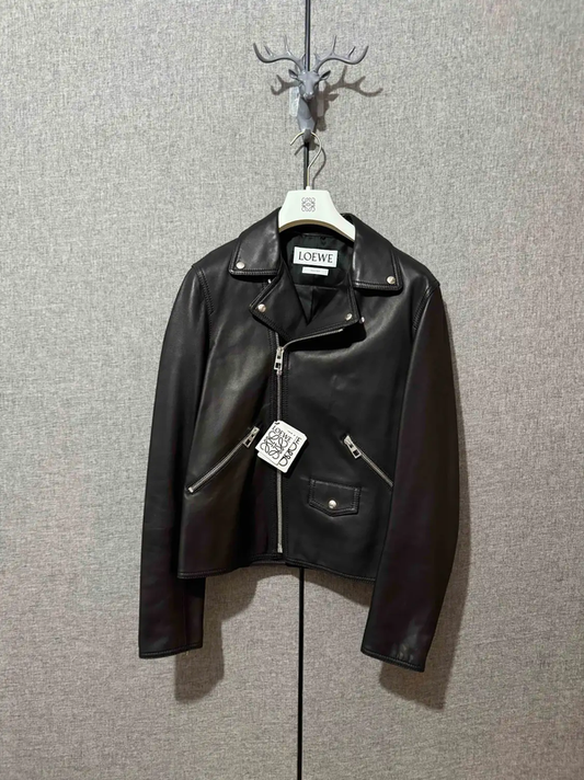 LOEWE Black Leather Embroidered Men's Motorcycle Jacket 0089