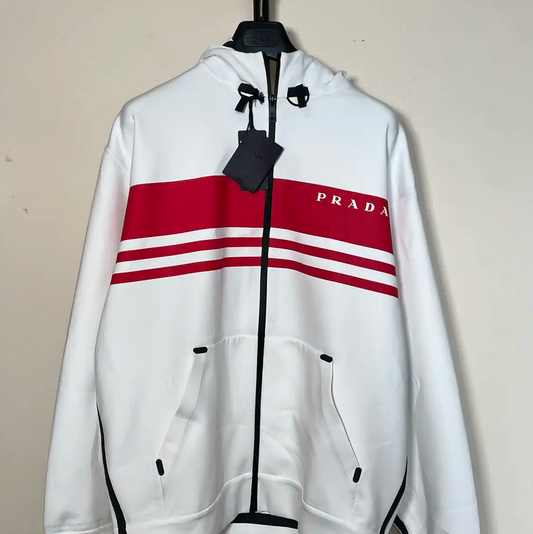 Prada Men's White Cotton Jacket with Red Stripes