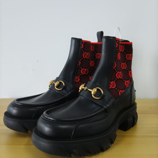 Gucci Leather GG Knit Ankle Boots in Red and Black 0079