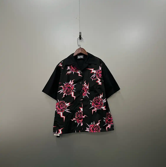 Prada Black Short Sleeve Shirt with Floral Print