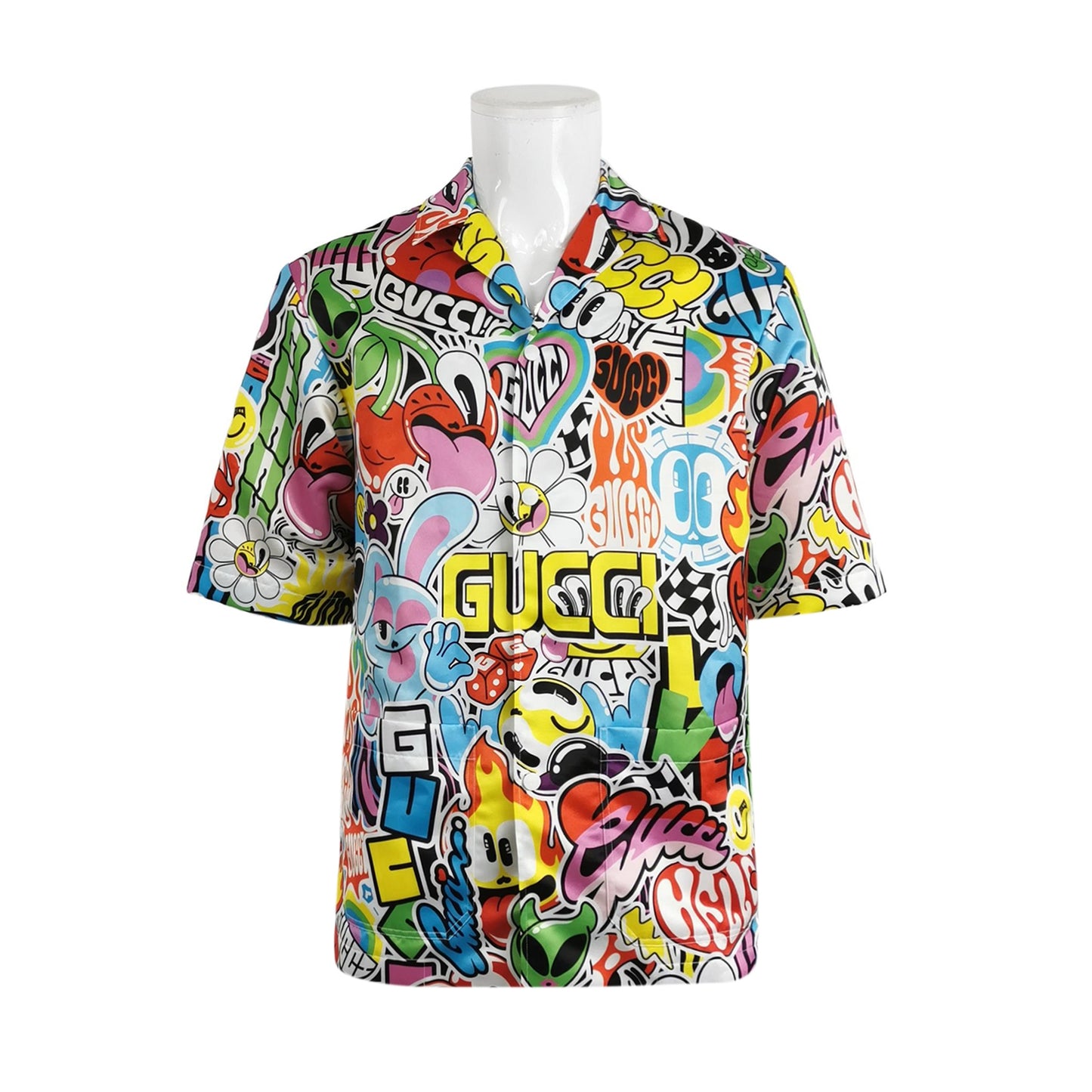 Gucci Cartoon Print Logo Collared Short-Sleeve Shirt