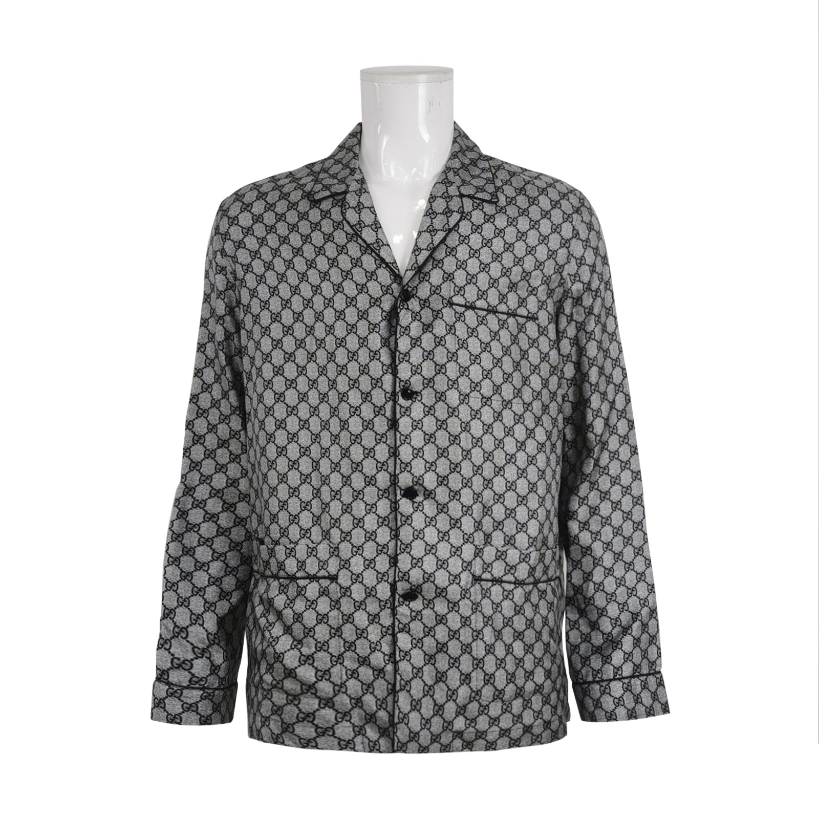 Gucci GG Monogram Silk Lapel Collar Long-Sleeve Shirt