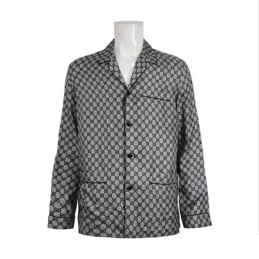 Gucci GG Monogram Silk Lapel Collar Long-Sleeve Shirt