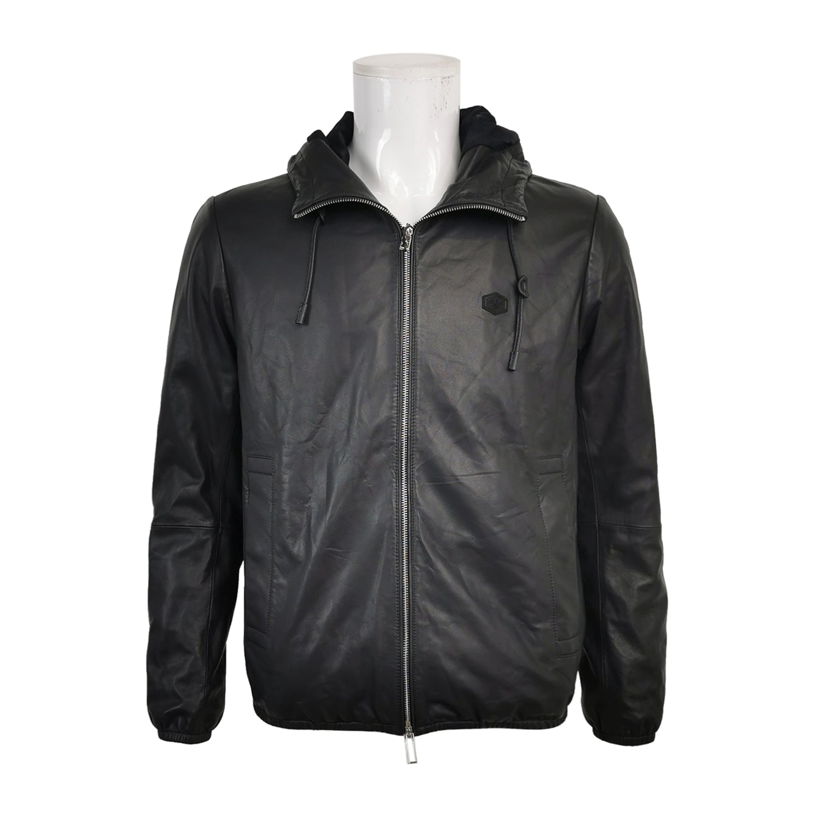 Emporio Armani Black Hooded Sheepskin Leather Jacket M