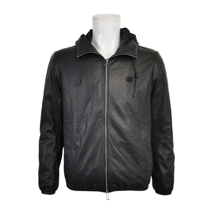 Emporio Armani Black Hooded Sheepskin Leather Jacket M