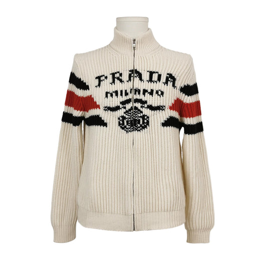Prada Zip-Up Color Block Logo Knit Jacket
