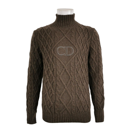 Dior CD Logo Brown Cable-Knit Turtleneck Sweater
