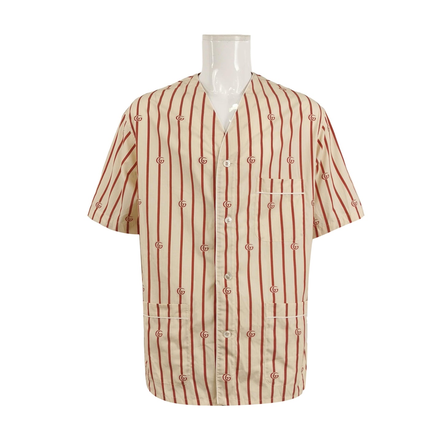 Gucci Beige Red Stripe GG Logo V-Neck Shirt