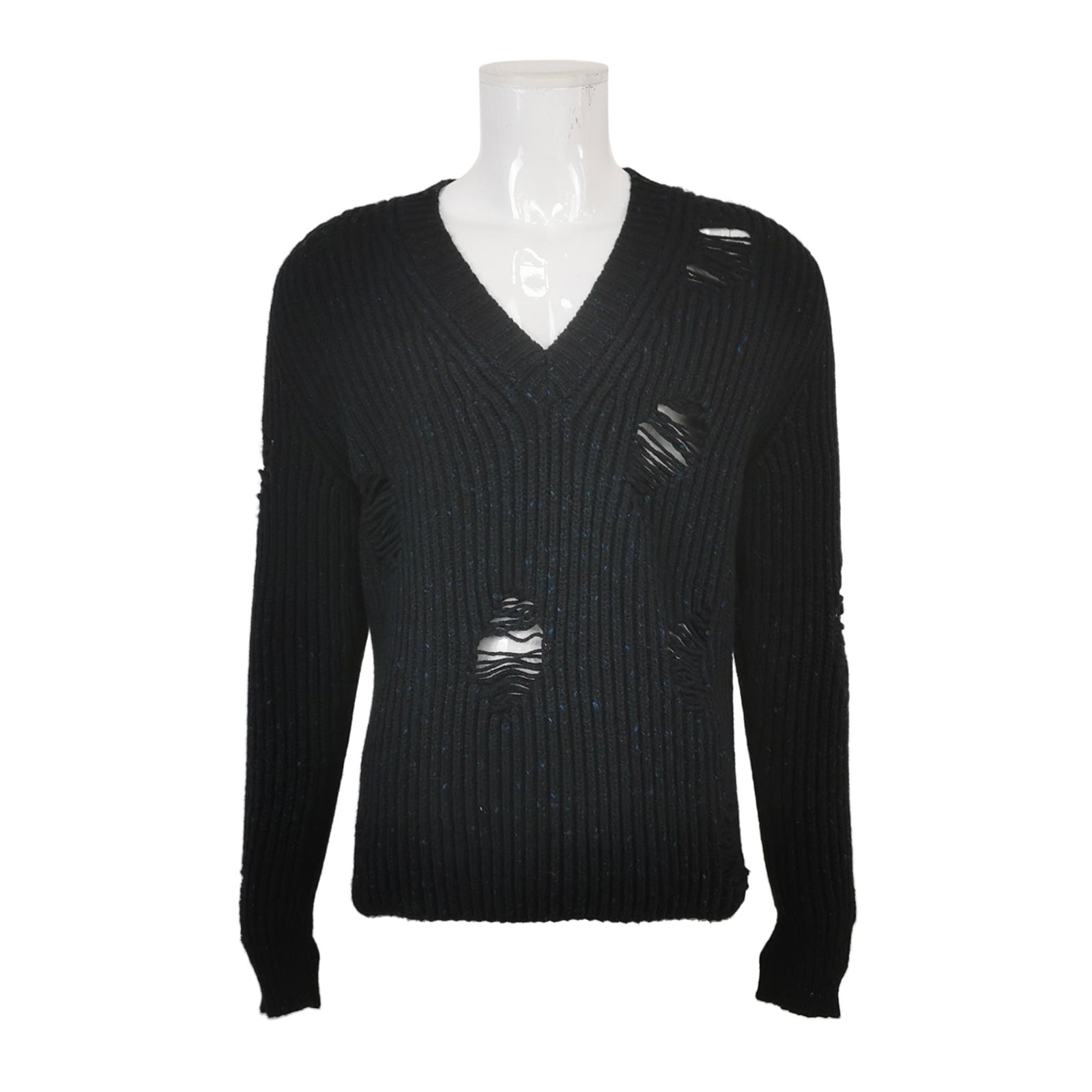 Dior Black Distressed V-Neck Wool Cashmere Sweater M