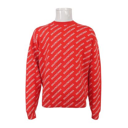 Balenciaga Red Logo Print Cotton Crewneck Sweater S