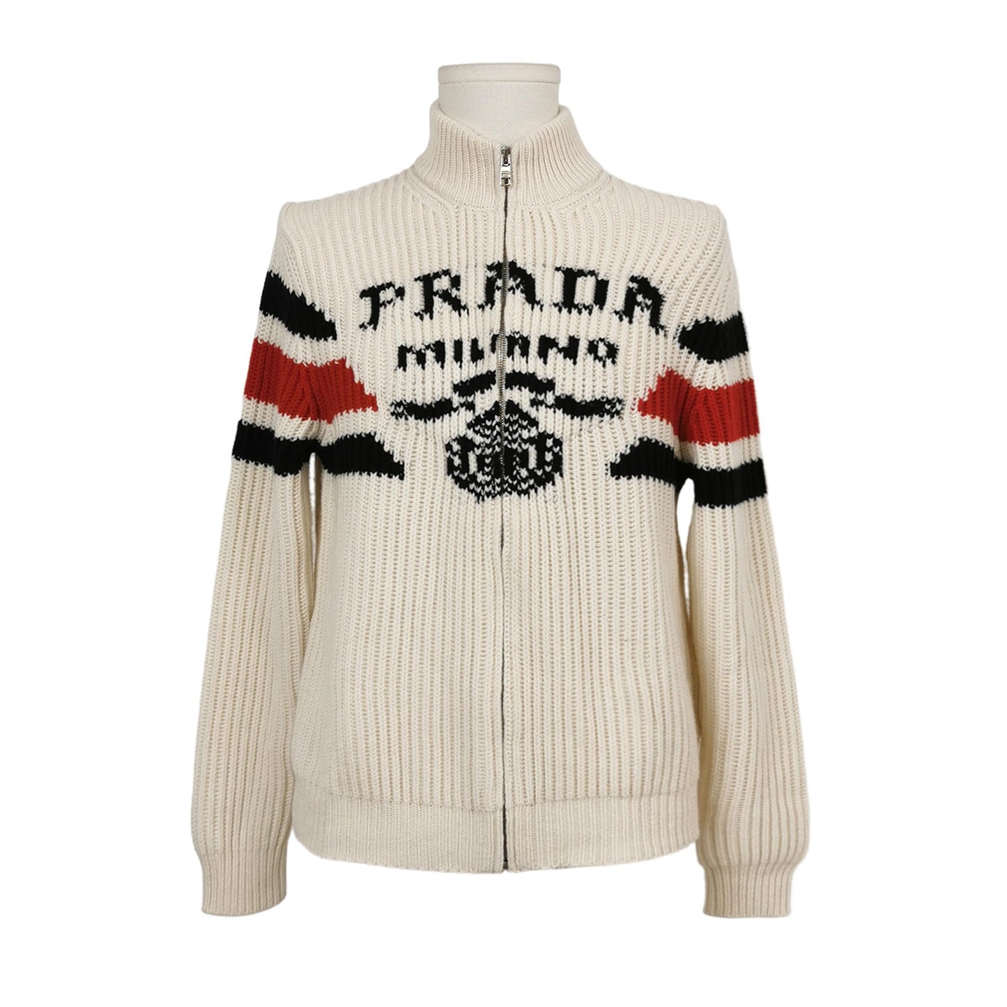 Prada Zip-Up Color Block Logo Knit Jacket