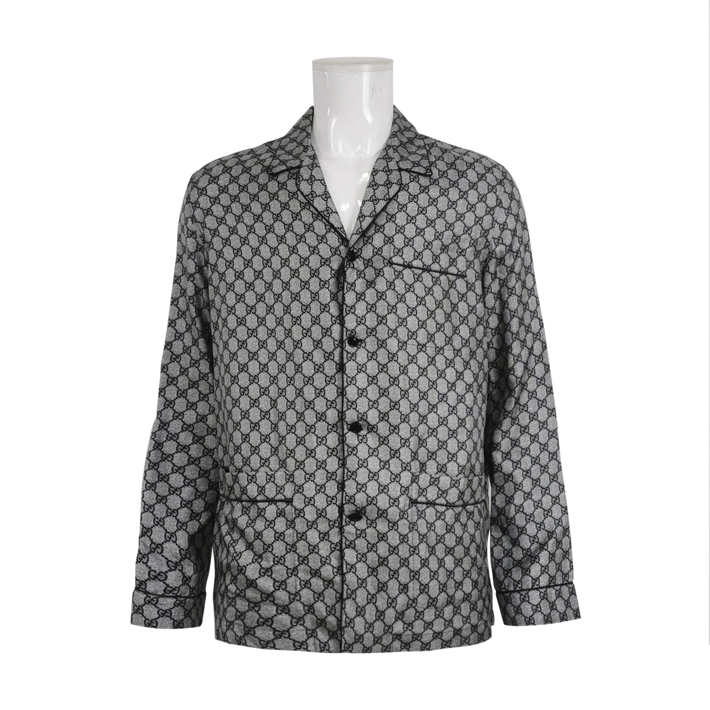 Gucci GG Monogram Silk Lapel Collar Long-Sleeve Shirt