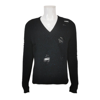 Dior Black Distressed V-Neck Wool Cashmere Sweater M