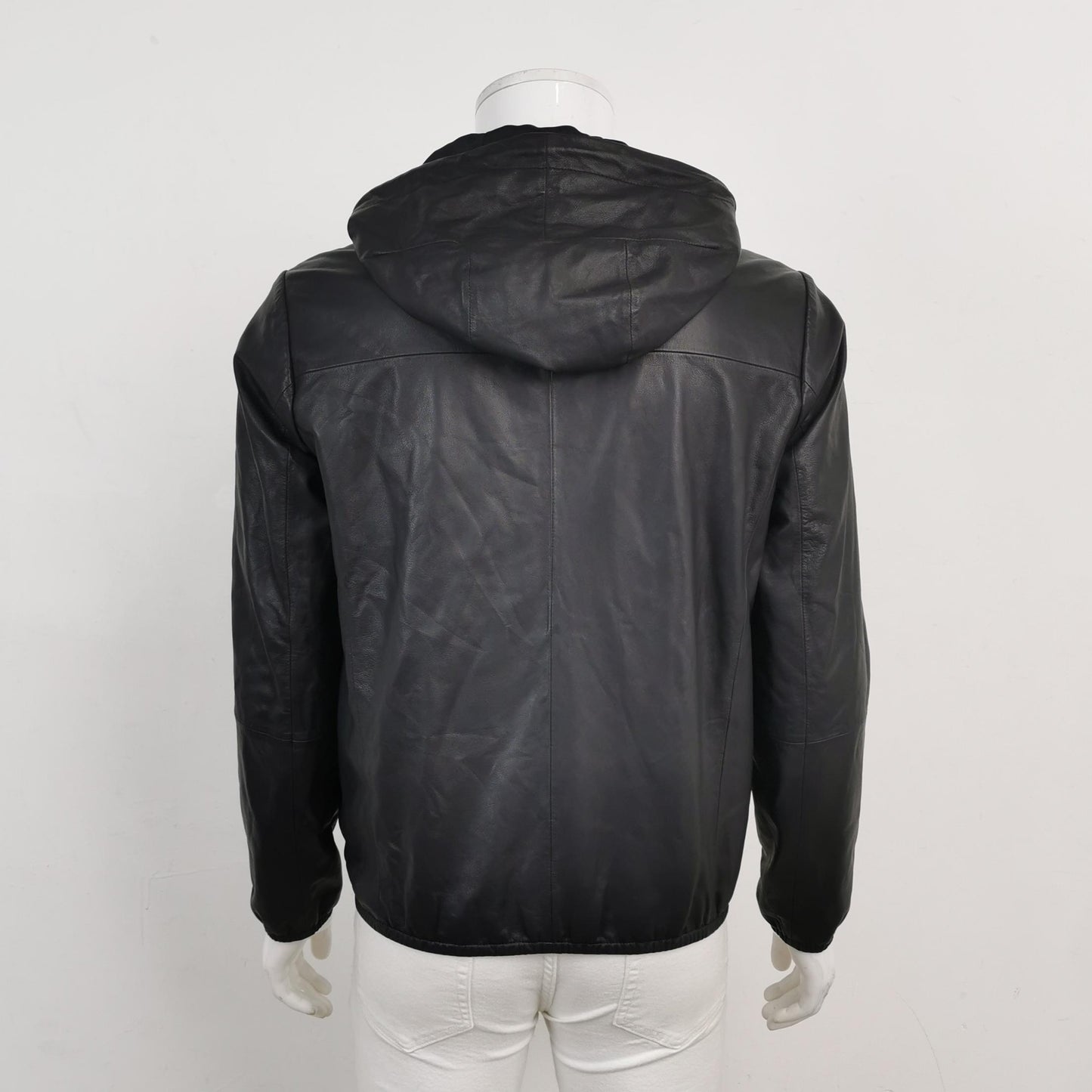 Emporio Armani Black Hooded Sheepskin Leather Jacket M
