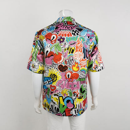Gucci Cartoon Print Logo Collared Short-Sleeve Shirt