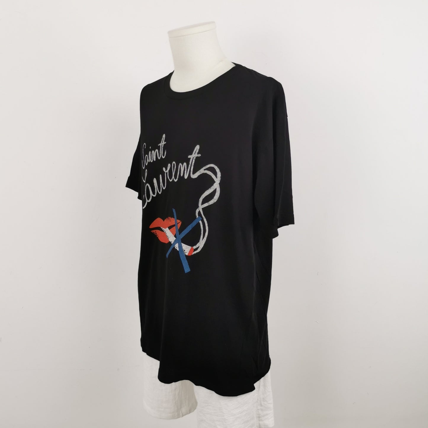 Saint Laurent L Cotton Red Lips Letter Print Crewneck T-Shirt