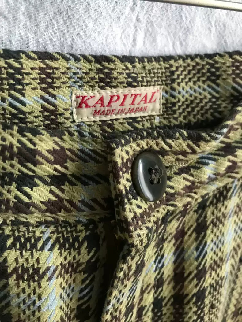 Kapital Hirata and Macro Yarn-dyed Craft Coffee Yellow and Blue Cotton Straight Pants