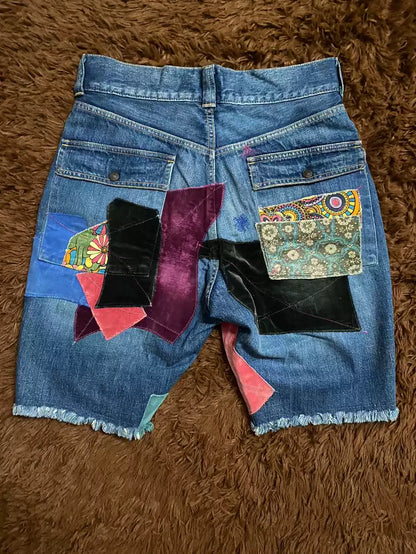 kapital Patch boro patchwork denim shorts