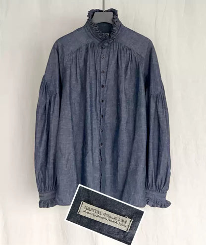 KAPITAL Hirata and macro French pleated lantern sleeve cotton and linen blouse shirt