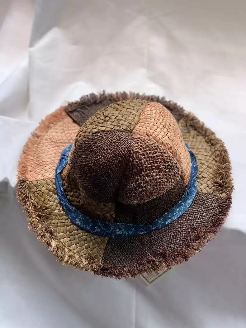 kapital Blue dyed ribbon of spliced straw hat