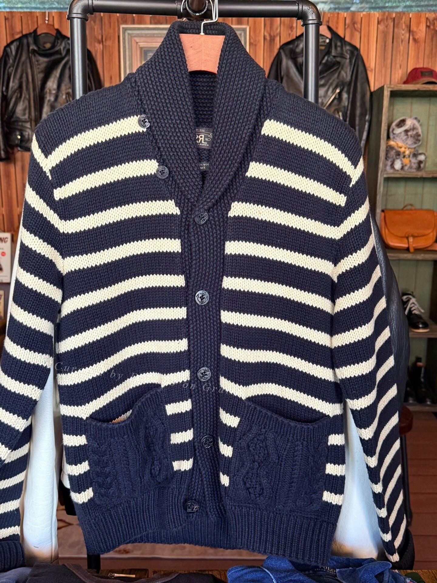 RRL Navy White Stripe Cardigan