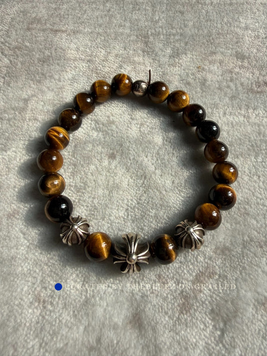 Chrome Hearts 8mm Tiger Eye Silver Bead Bracelet