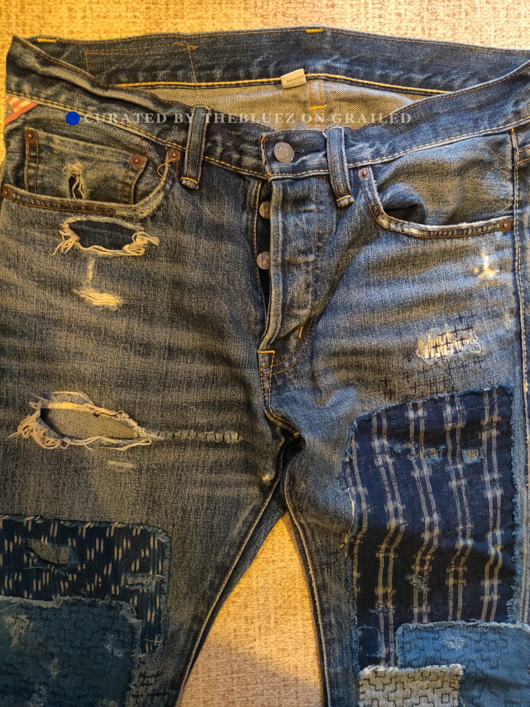RRL Distressed Art Patch Jeans