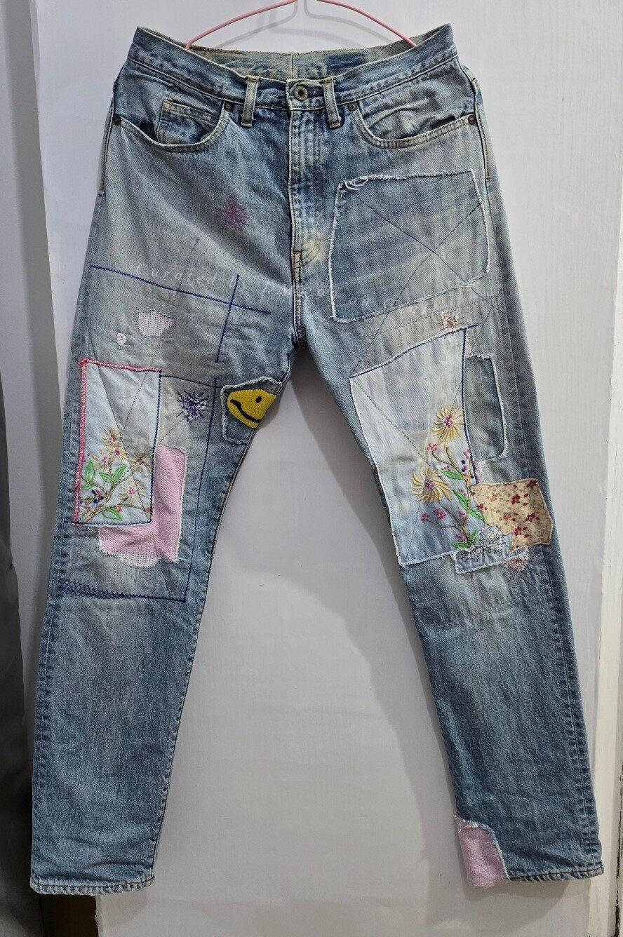 Kapital Embroidered Floral Smiley Patch Jeans