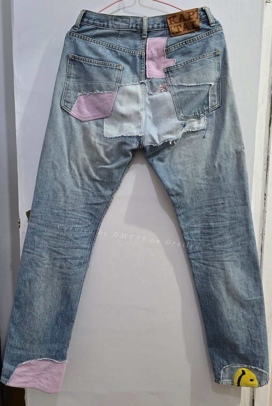 Kapital Embroidered Floral Smiley Patch Jeans