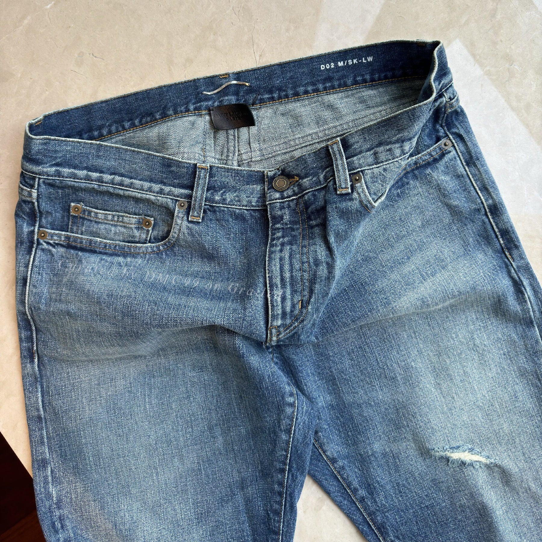 Saint Laurent Men's Distressed Washed Blue Jeans